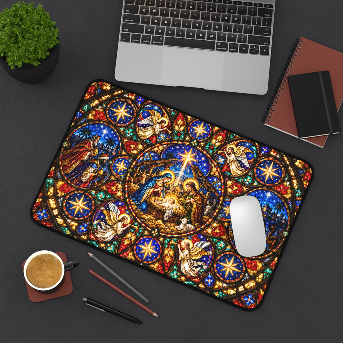 Cathedral Rose Stained Glass Nativity Desk Mat