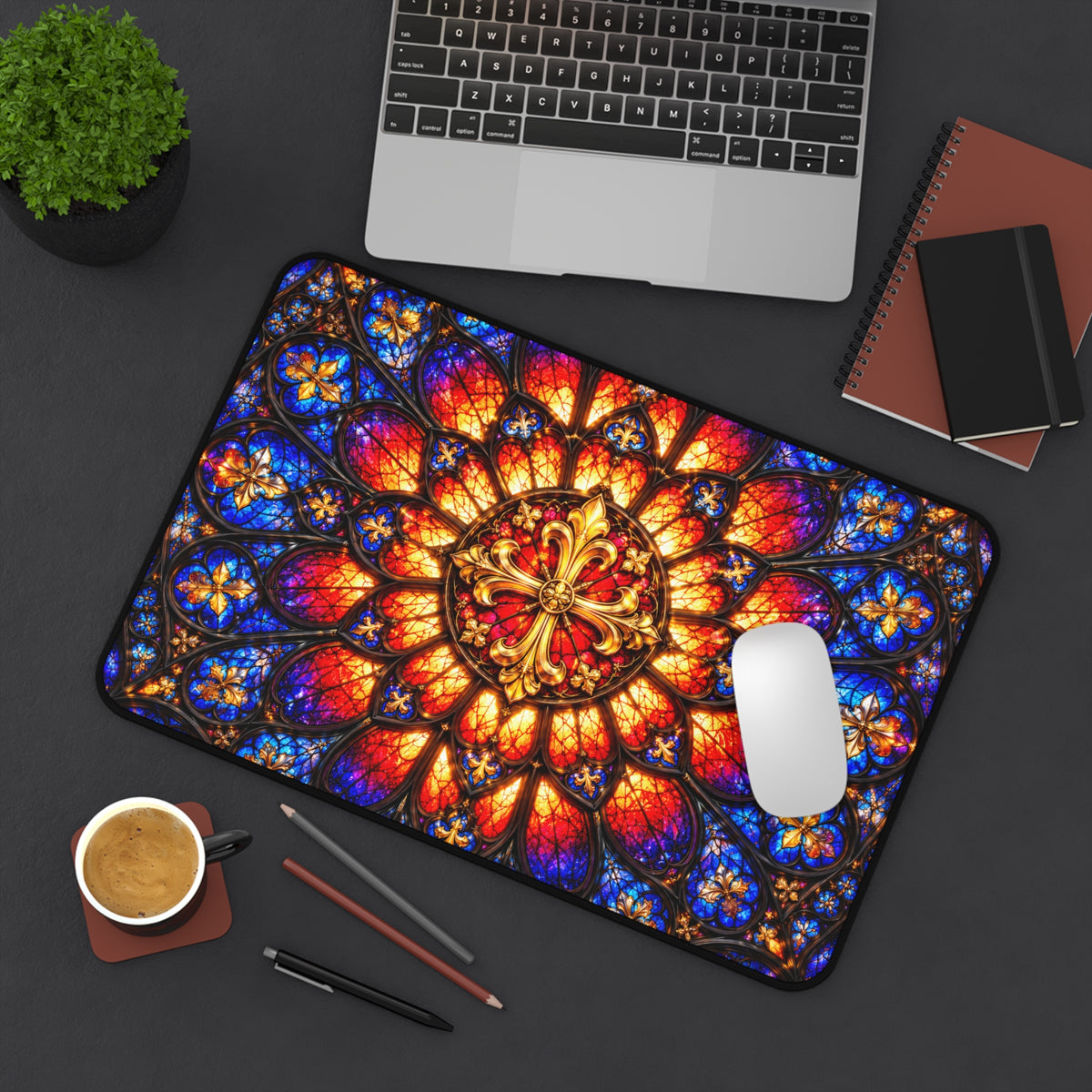 Gothic Rose Stained Glass Window Desk Mat