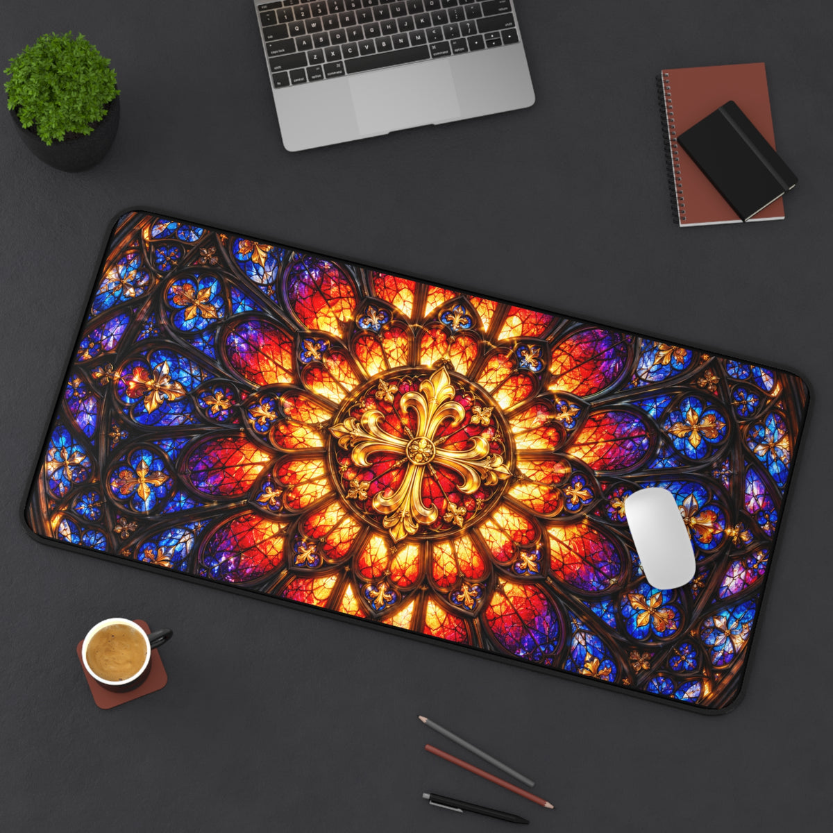Gothic Rose Stained Glass Window Desk Mat