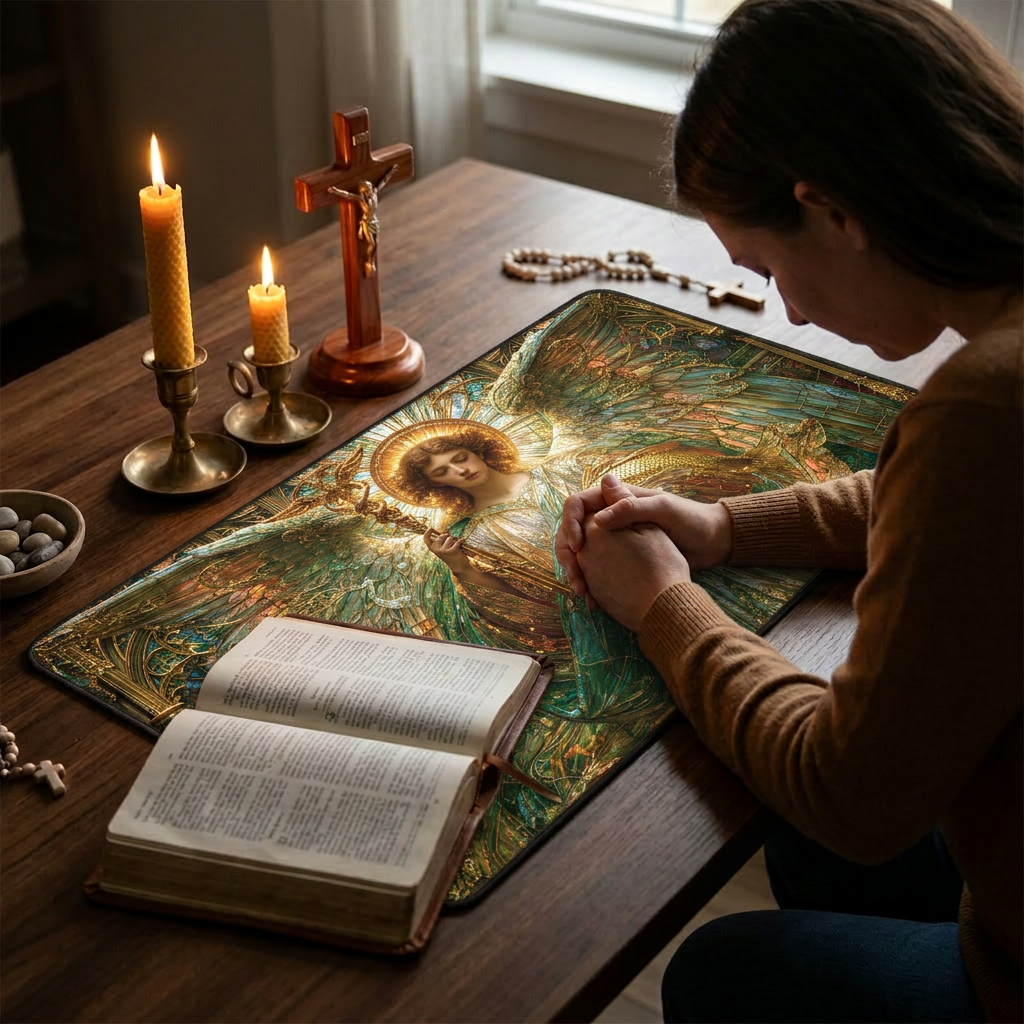Archangel Raphael Stained Glass Desk Mat