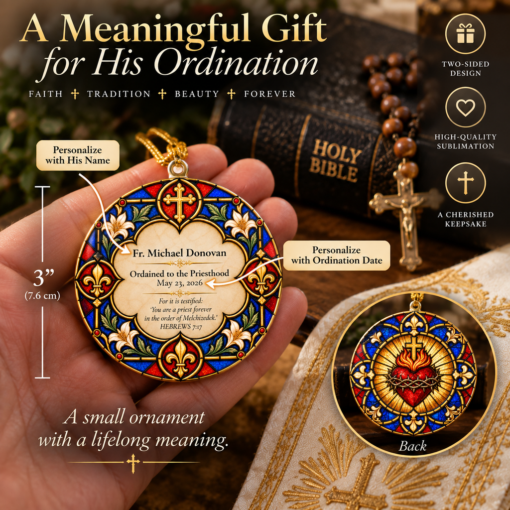 Catholic Priest Ordination Gift, Personalized Sacred Heart of Jesus Ornament, Stained Glass Christmas Ornament