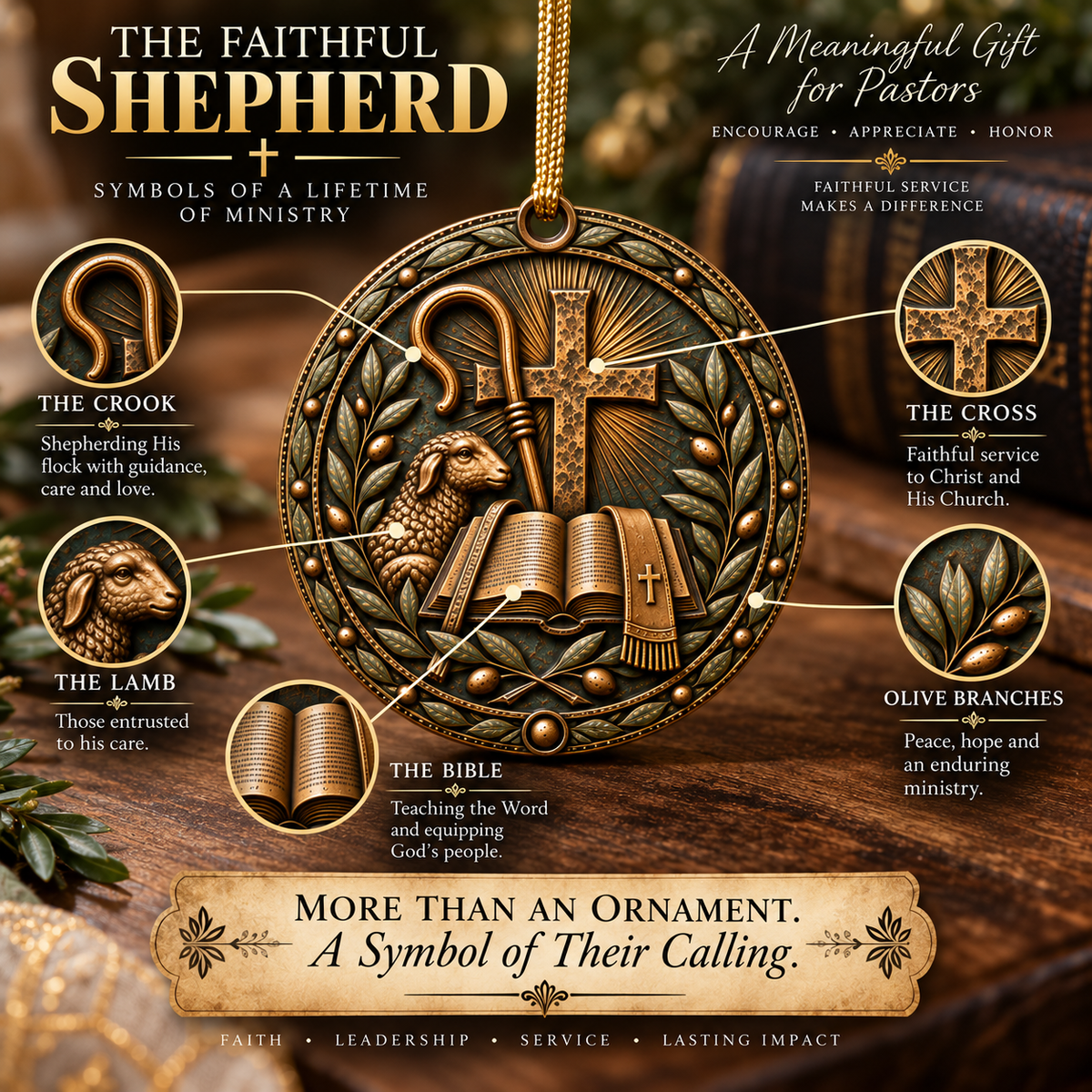 Personalized Pastor Appreciation Ornament, Pastor Gift, Bronze Relief Christian Keepsake