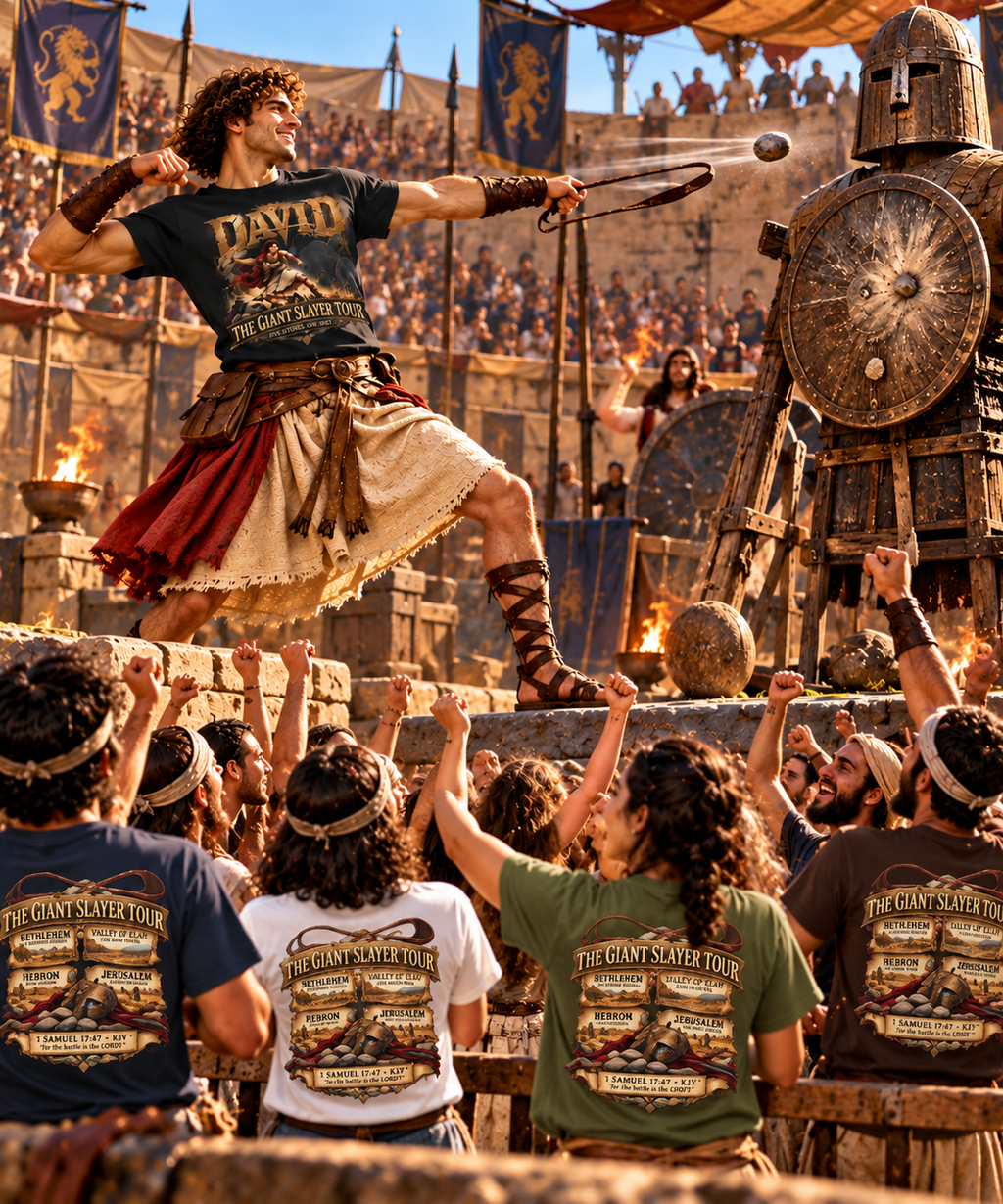 David Giant Slayer Tour T-Shirt | Biblical Concert Tee | David and Goliath Christian Shirt | Vintage Bible Graphic Tee | 1 Samuel 17:47