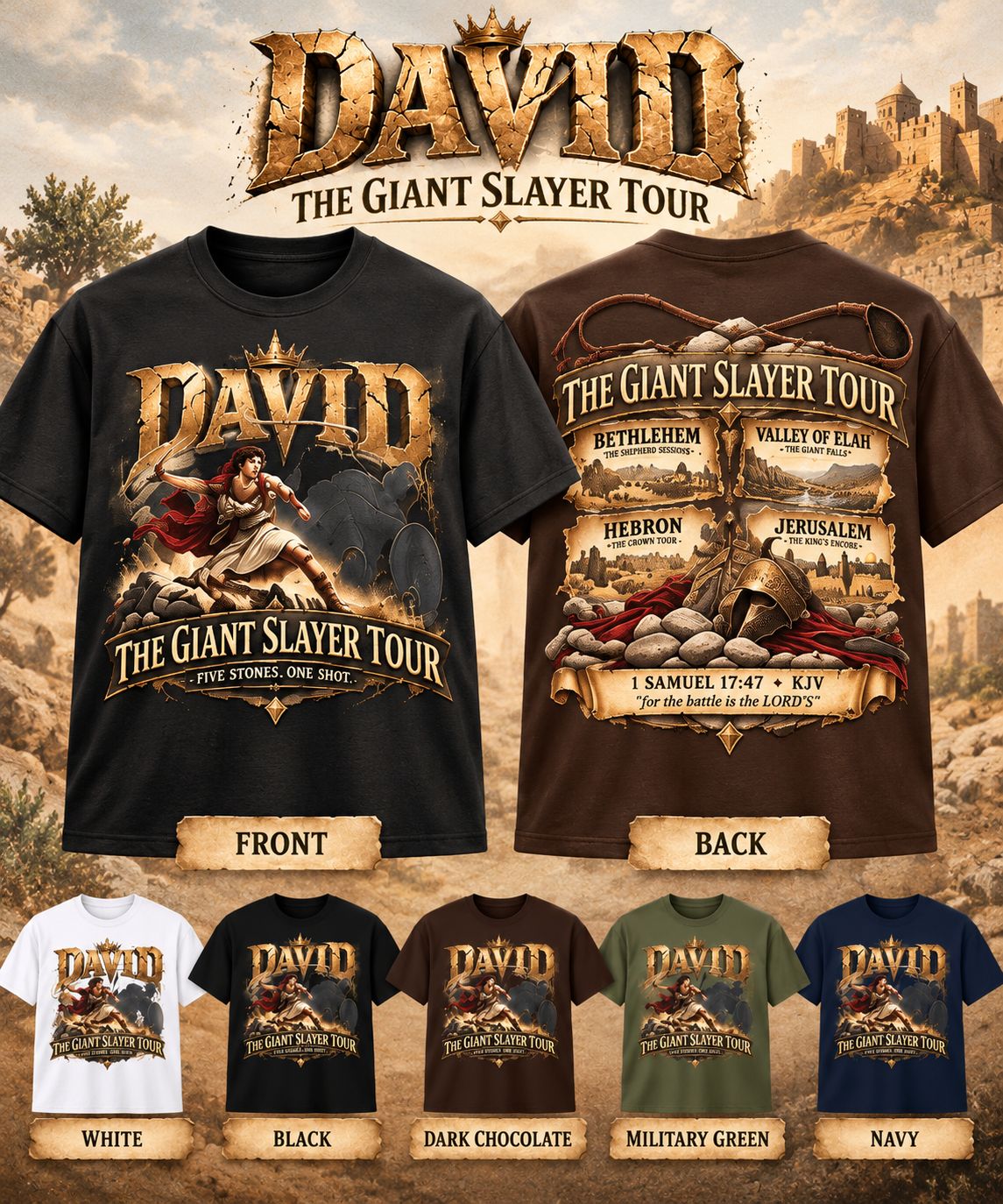 David Giant Slayer Tour T-Shirt | Biblical Concert Tee | David and Goliath Christian Shirt | Vintage Bible Graphic Tee | 1 Samuel 17:47