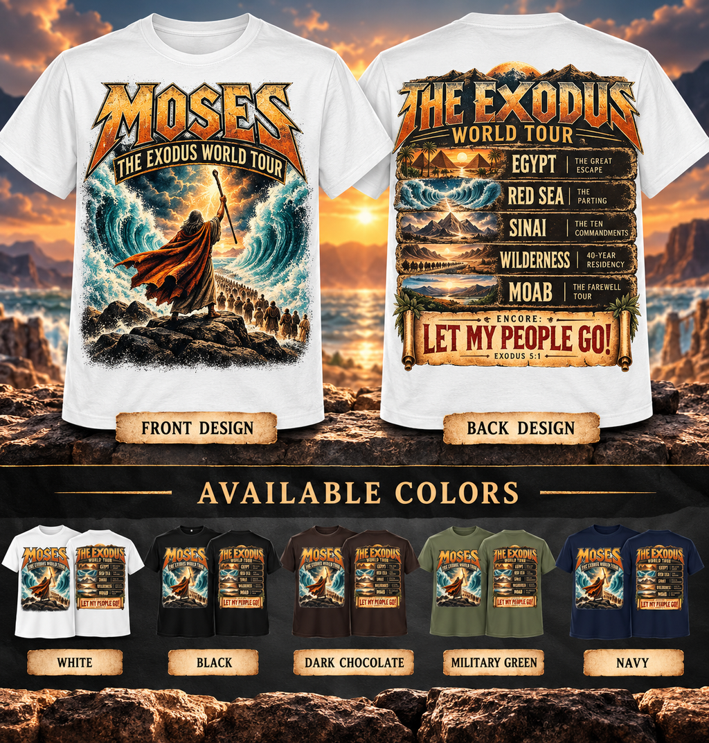 Moses Exodus World Tour T-Shirt | Funny Christian Concert Tee | Bible Inspired Graphic Shirt | Red Sea Parting Religious Gift