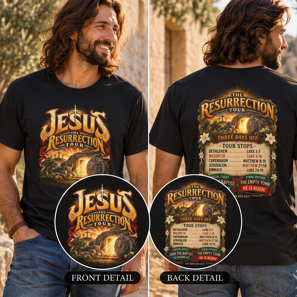 Jesus Resurrection Tour Shirt, Christian Concert Tee, Vintage Bible Graphic T-Shirt, Empty Tomb, He Is Risen, Two Sided Religious Gift