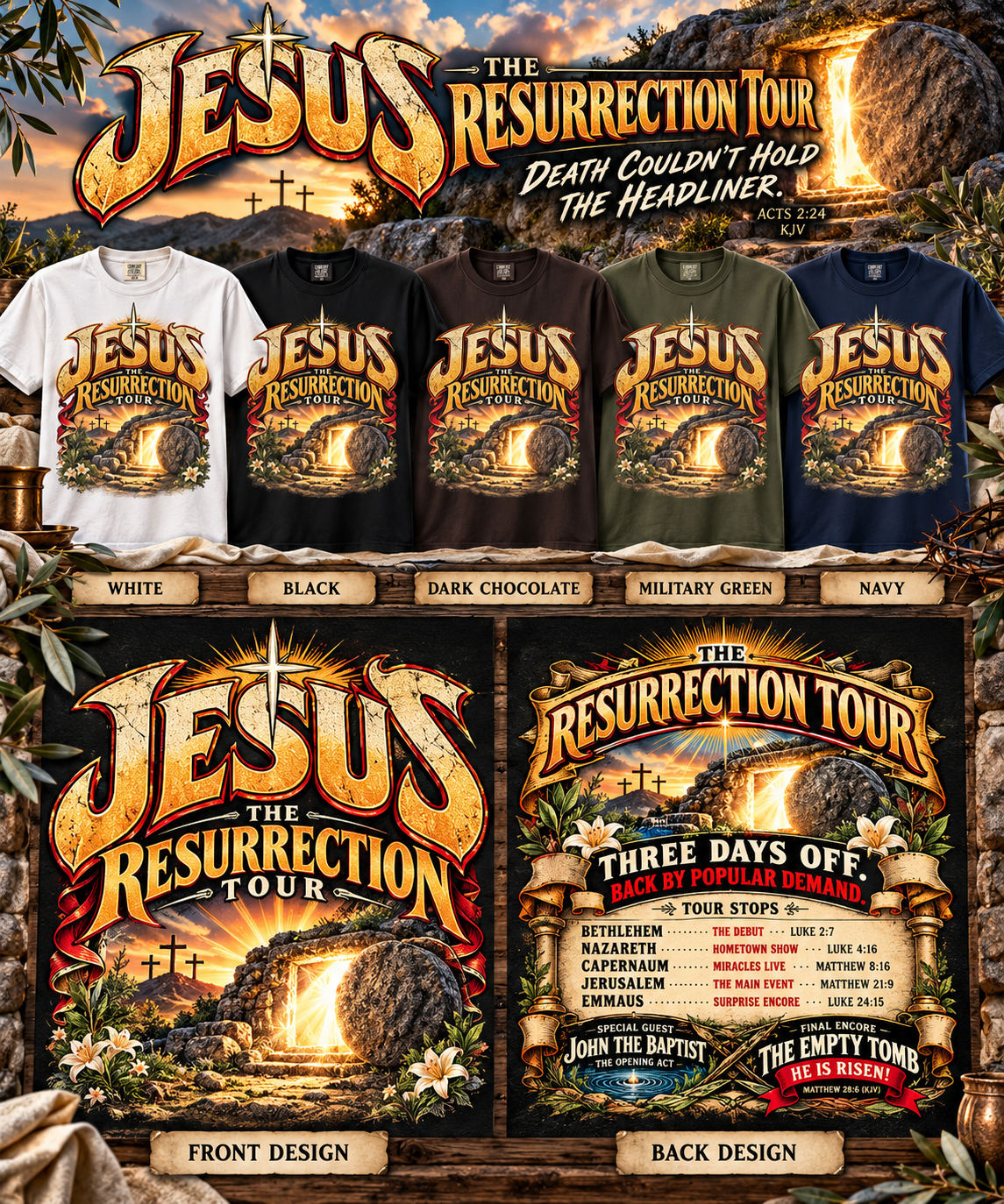 Jesus Resurrection Tour Shirt, Christian Concert Tee, Vintage Bible Graphic T-Shirt, Empty Tomb, He Is Risen, Two Sided Religious Gift