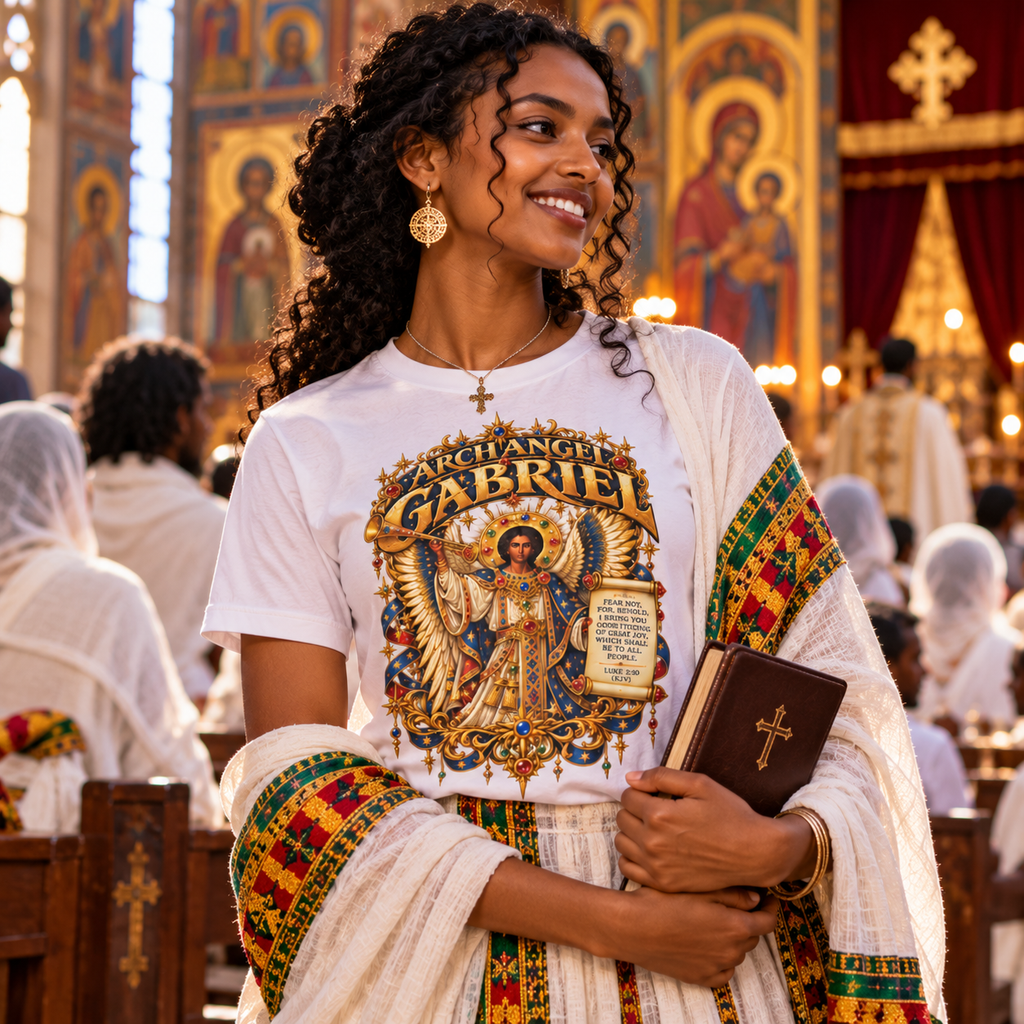 Archangel Gabriel T-Shirt | Ethiopian Byzantine Angel Art | Luke 2:10 | Christian Messenger of God Tee | Orthodox Christian Gift