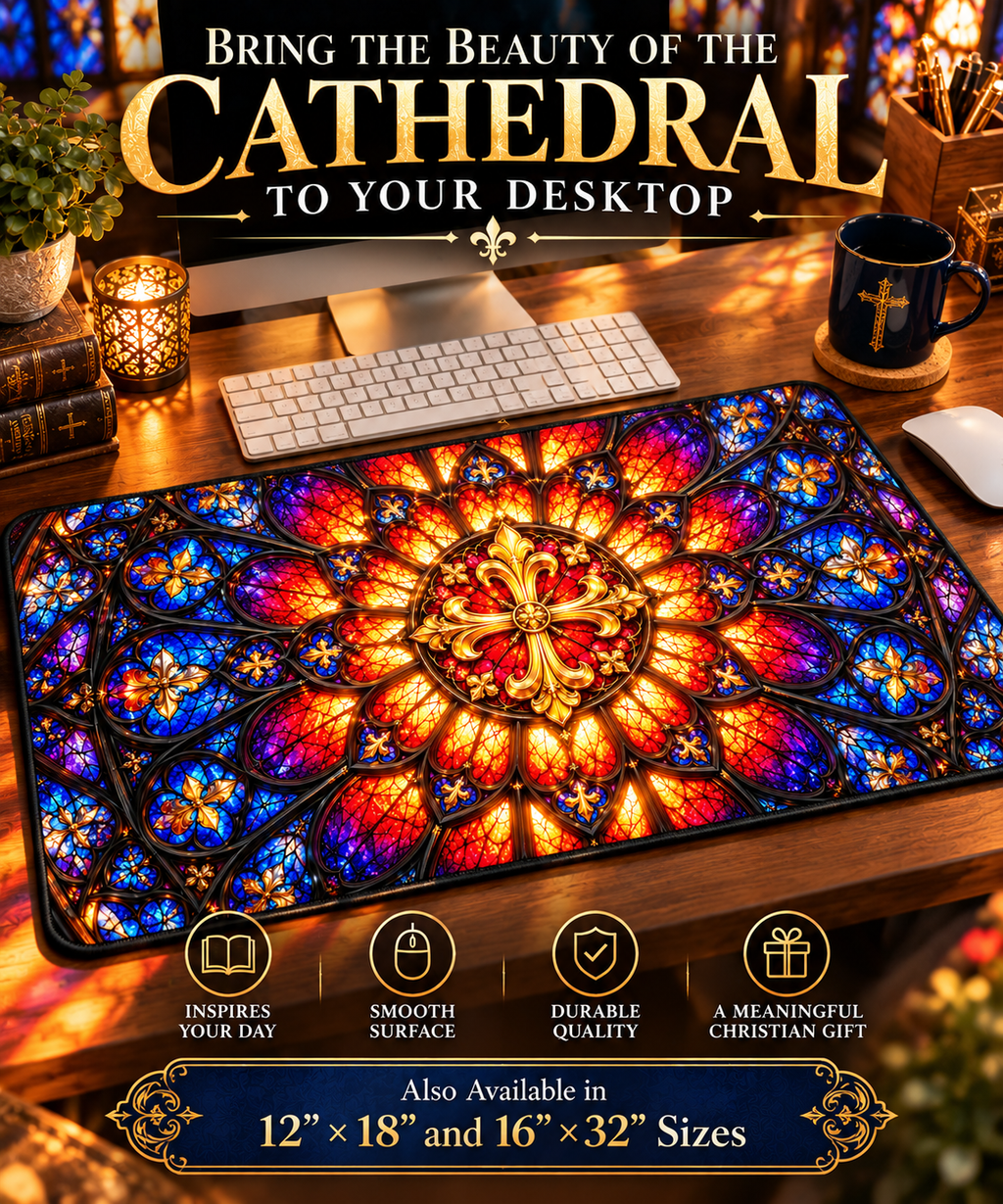 Gothic Rose Stained Glass Window Desk Mat