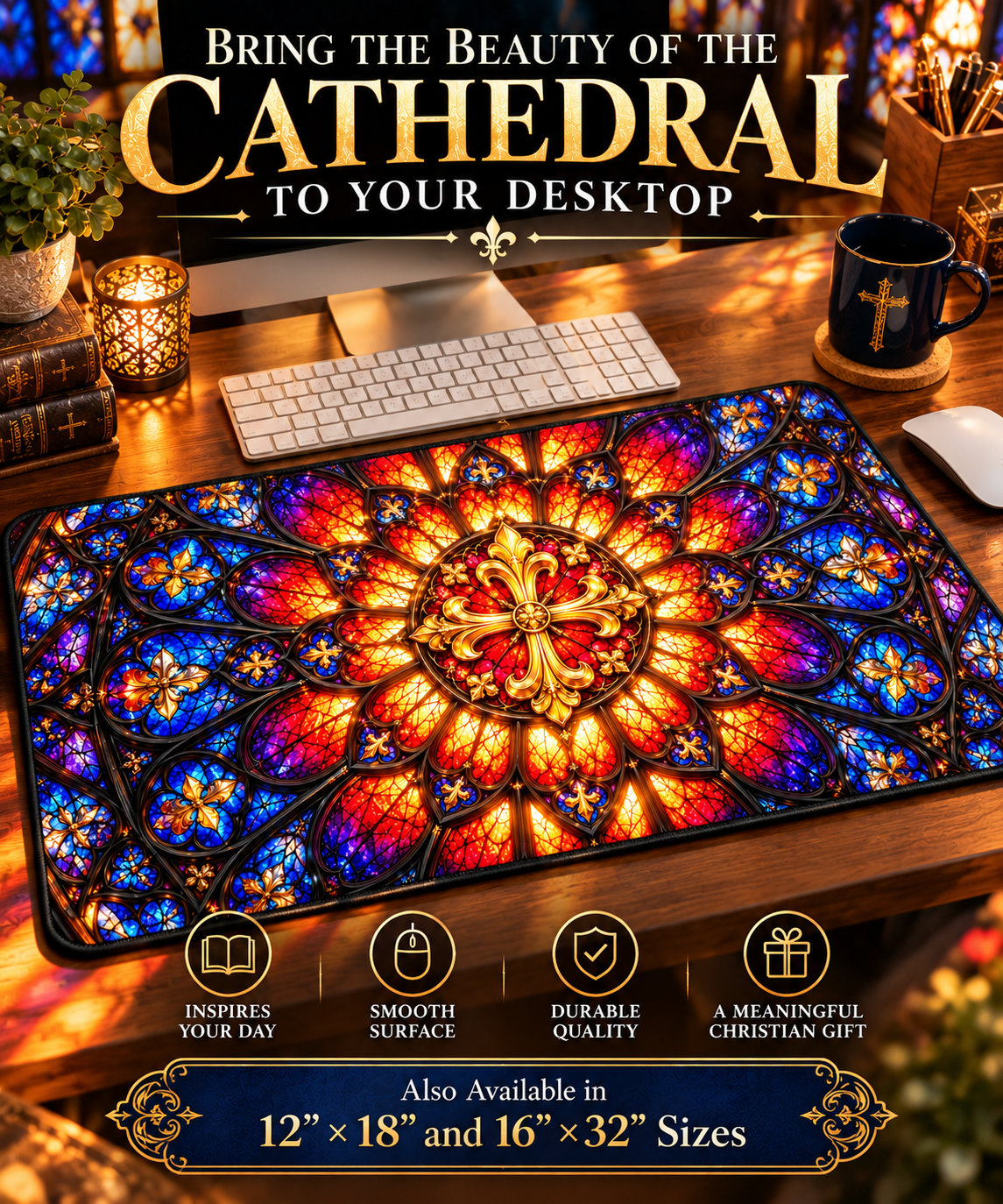 Gothic Rose Stained Glass Window Desk Mat