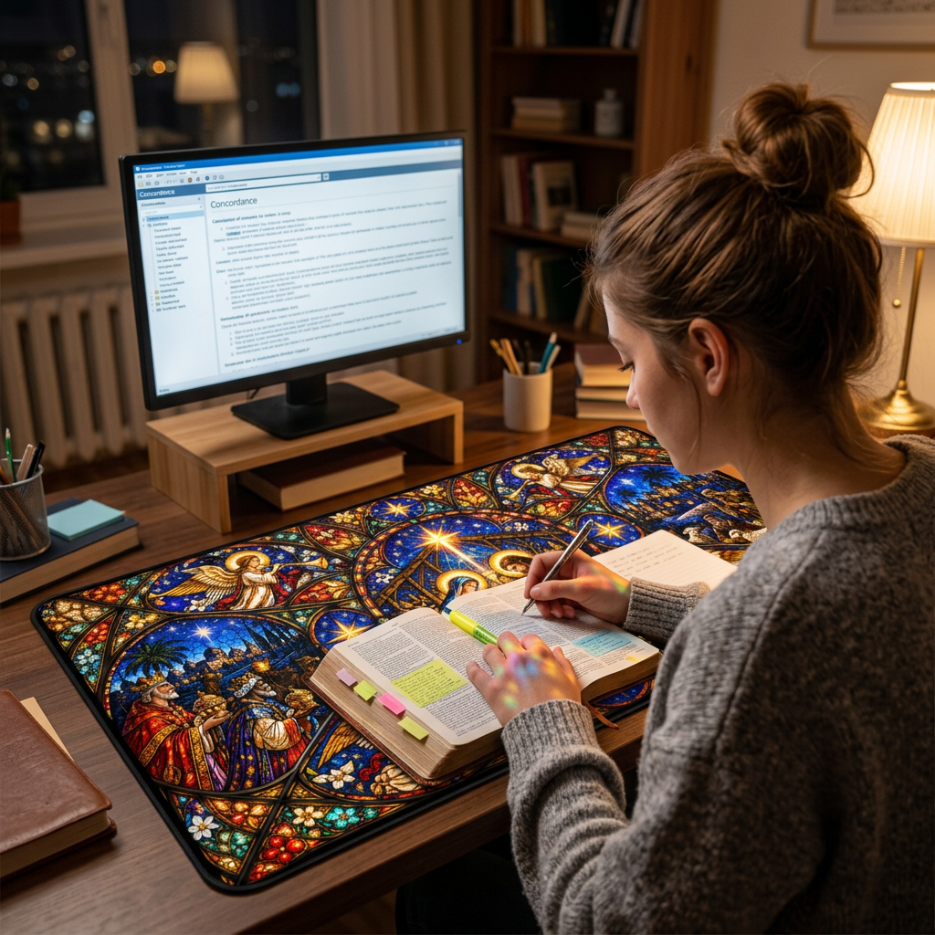 Cathedral Rose Stained Glass Nativity Desk Mat