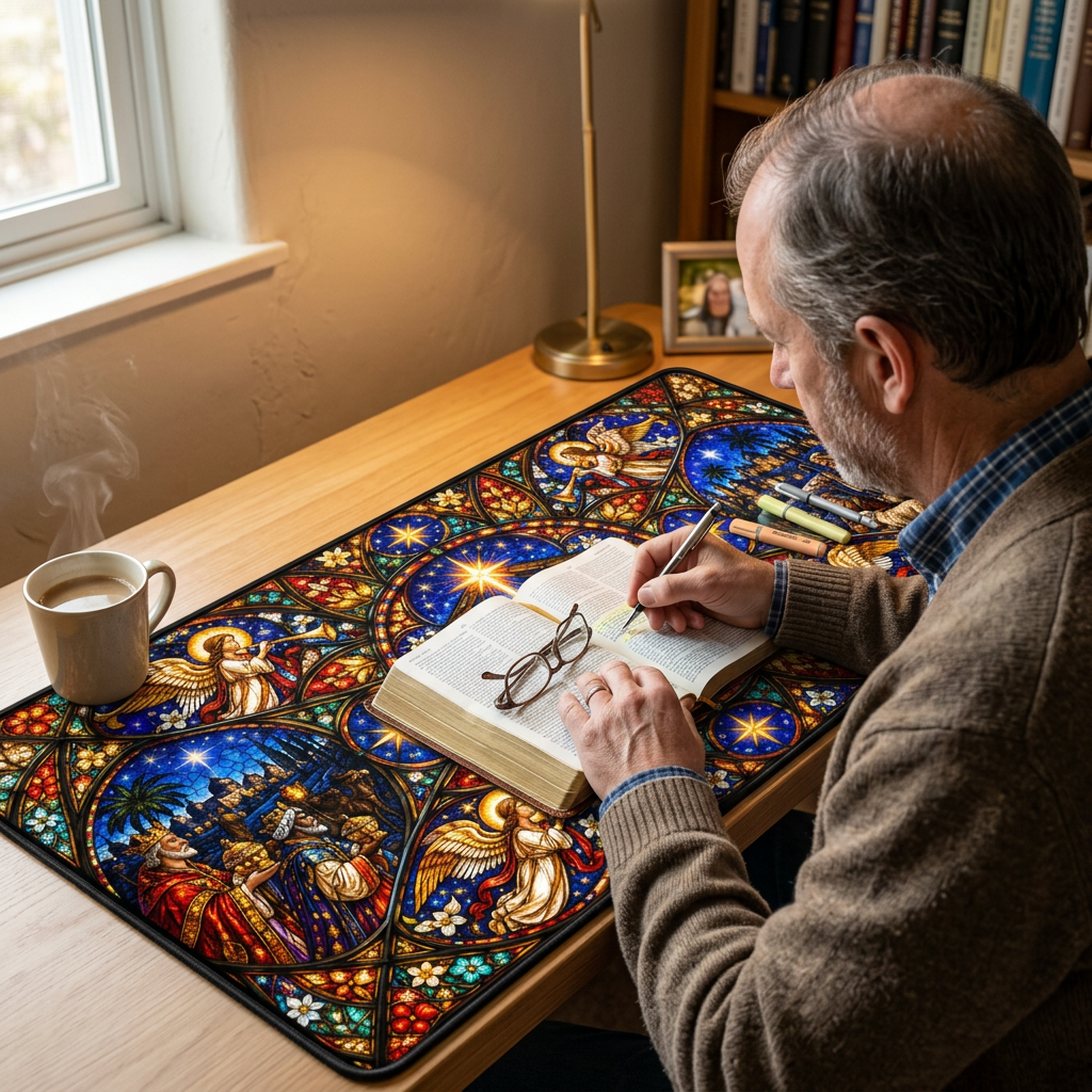 Cathedral Rose Stained Glass Nativity Desk Mat