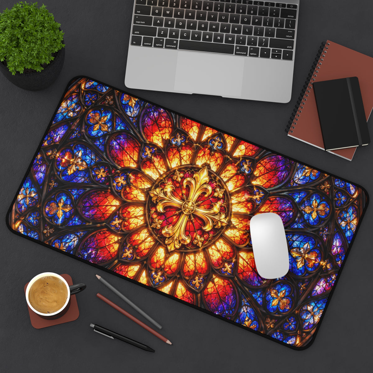 Gothic Rose Stained Glass Window Desk Mat