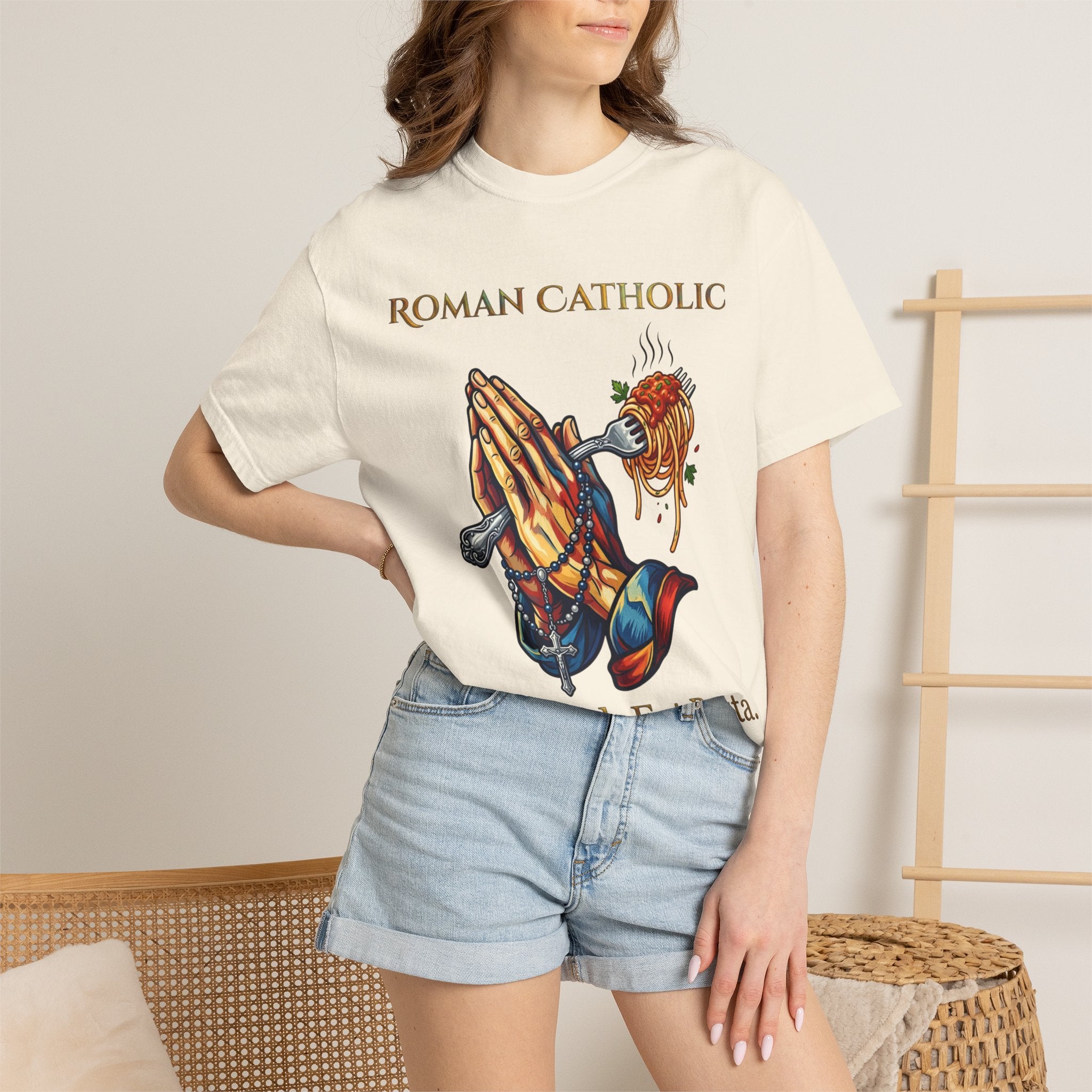 ROMAN CATHOLIC T-Shirt: Pray Hard, Eat Pasta