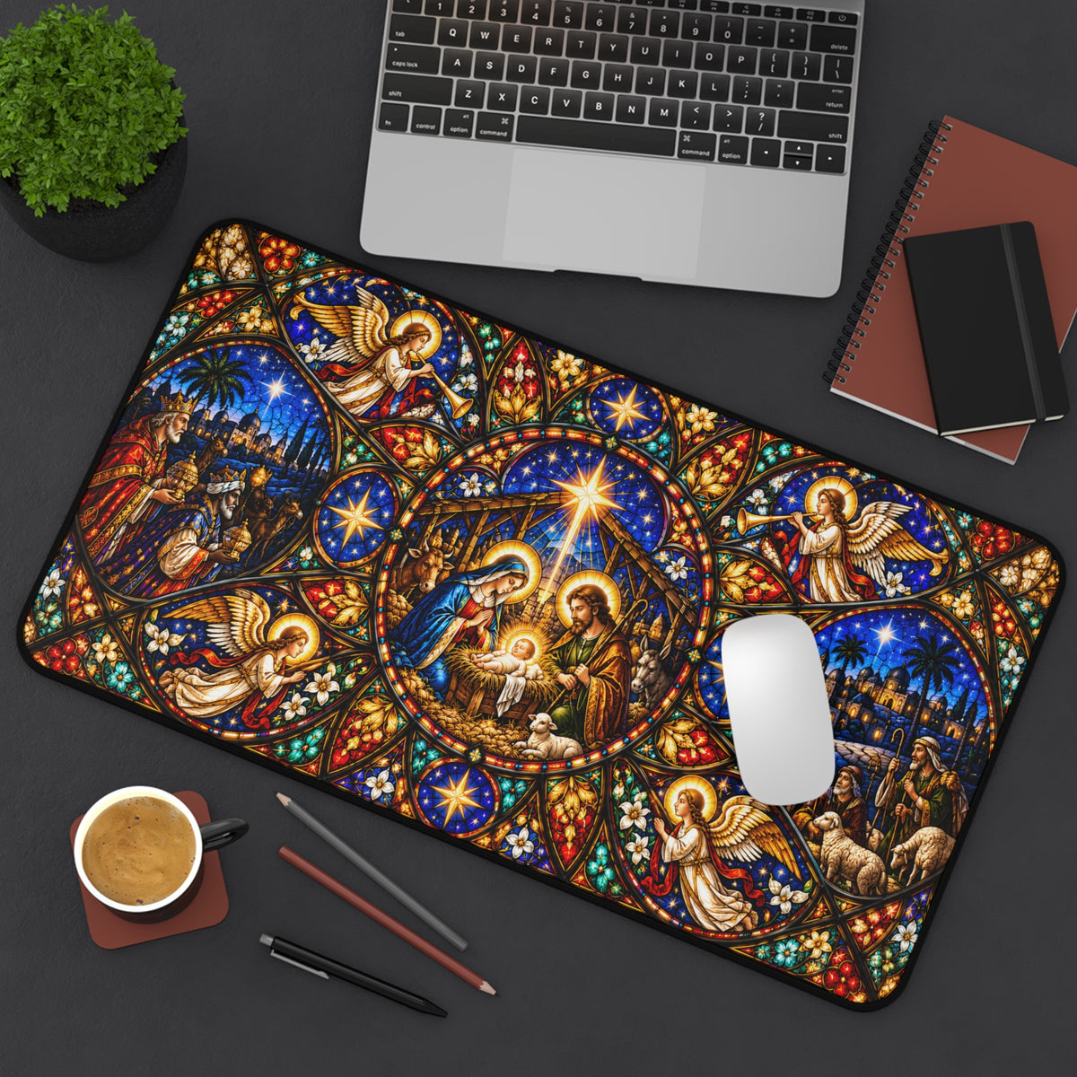 Cathedral Rose Stained Glass Nativity Desk Mat