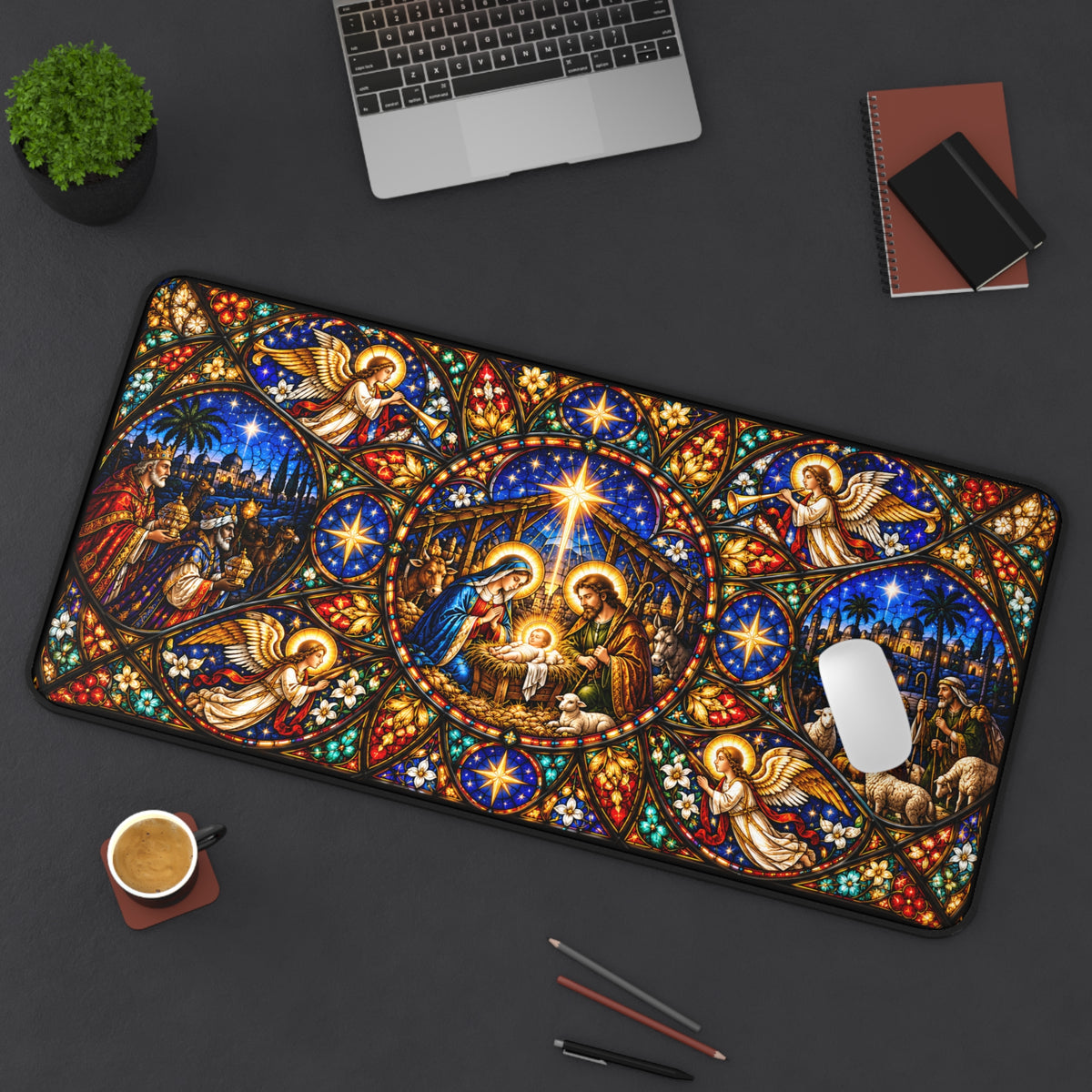 Cathedral Rose Stained Glass Nativity Desk Mat